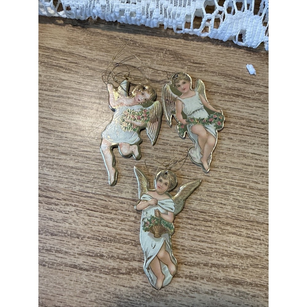 3 Pc Victorian Style Die Cut Angel Christmas Ornaments 1979 Merrimack Paper Gold